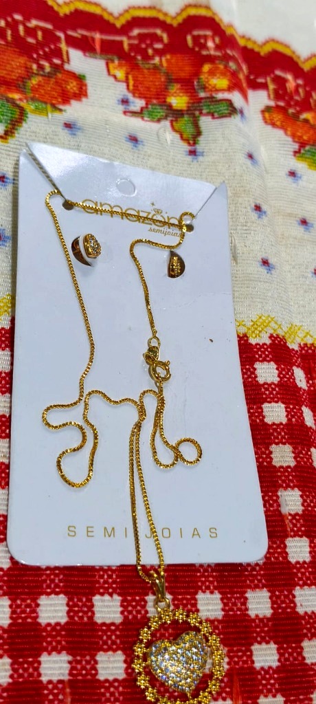 Conjunto Veneziana & Pingente Coração Cravejado Zircônias Ouro 18k